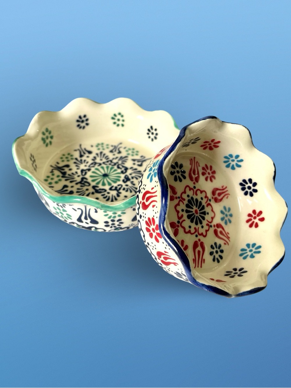 Pair of Hand-Painted Turkish Ceramic Bowls Floral Motif, Aydin El Sanatlari
